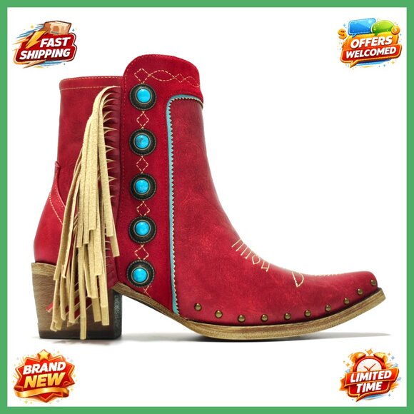 Shoes - Western Fringe Ankle Boots Studded Turquoise Stones Cowgirl Chic Block Heel